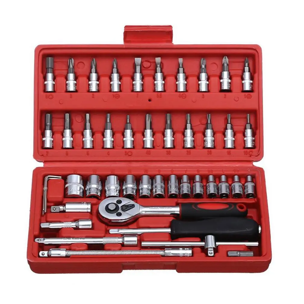 Красный, серебристый тон Car Repair Tool Socket Set Hardware Tool Kit For Car Auto Repairing Tool Torque Ratchet Wrench Set 46Pcs - Цвет: Красный, серебристый тон