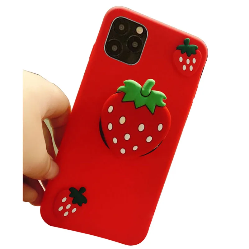 cute 3d strawberry soft silicone case for iphone 12 pro max se 2020 cover holder ring stand phone cases for iphone 11 pro max free global shipping
