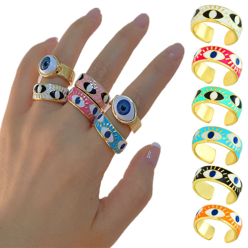 

Cute Lovely Turkish Evil Eye Rings 6 Colors Enamel Engrave Wide Gold Color Fashion Eternity Band Rings For Women Jewelry Gift