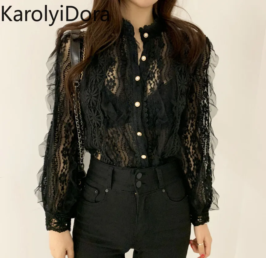 2020 Spring New Arrival Ladies Lace Shirt Hook Flower Long Sleeve Loose Stand Collar Blouse Shirts Women Fashion Crochet Tops
