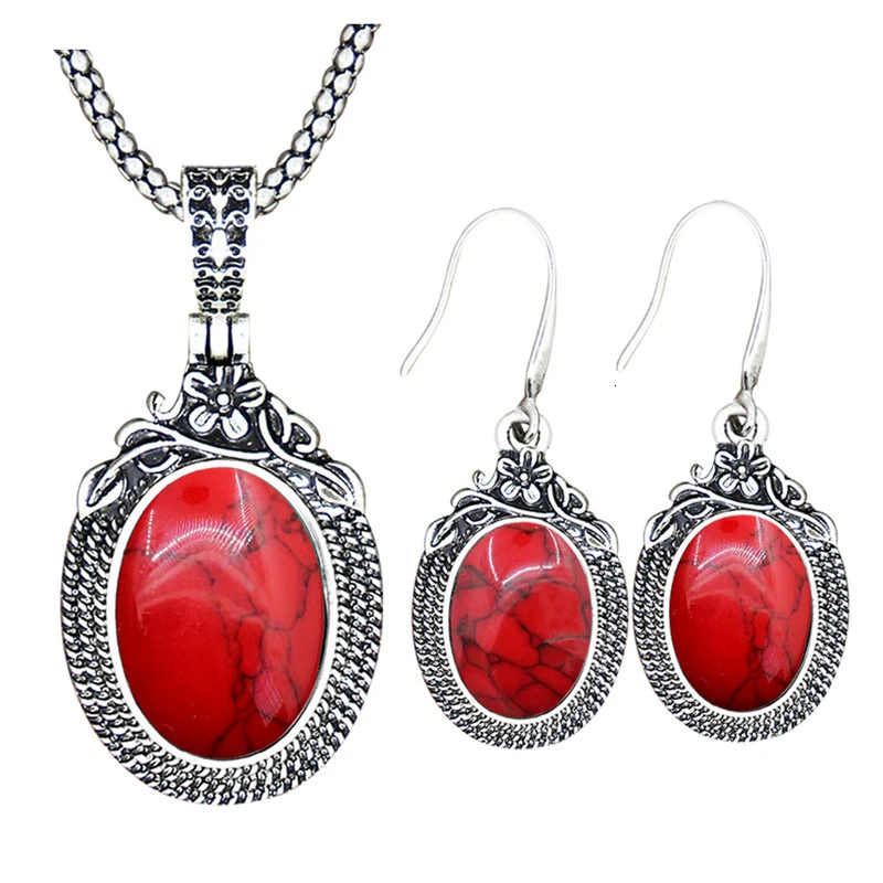 Red Turquoise Винтажный комплект из ожерелья и сережек с аметистом, винтажный комплект из натурального камня, кварца, Модный женский комплект TS574 - Окраска металла: Red Turquoise