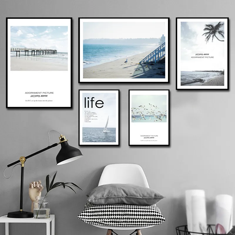 Nordic Minimalist Seascape Art Canvas Painting Prints Posters Seagull Sailboat Decorative Pictures Living Room Home Decor KL105 | Дом и сад