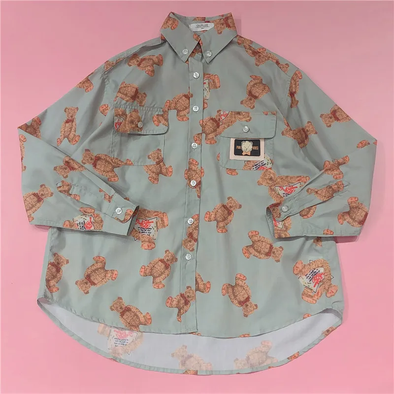 

Japanese Long Sleeve Blouse Girl Autumn Small Fresh Cute Childlike Soft Sister Teddy Bear Print All-match Student Shirt