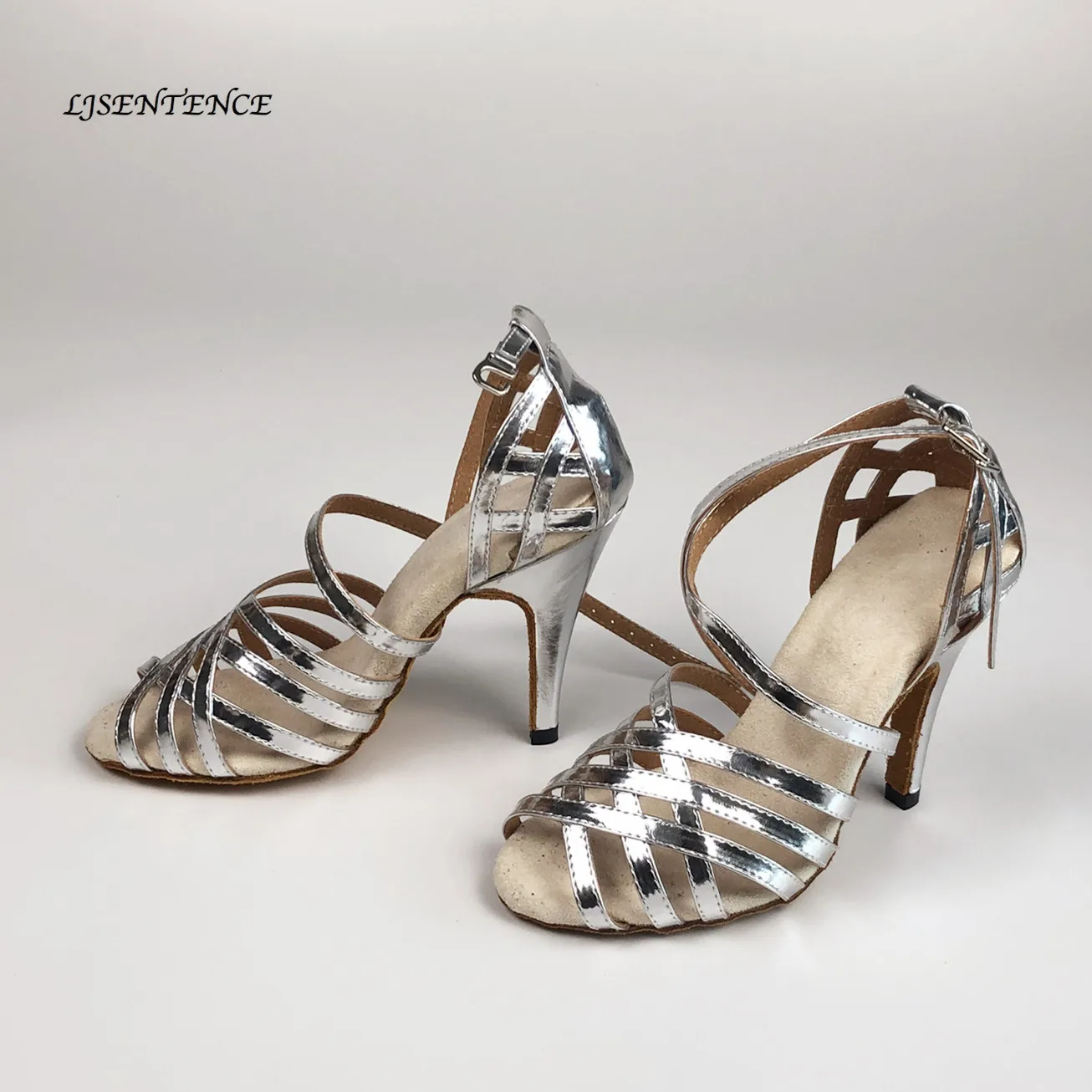 Женская обувь танцевальные туфли на каблуке с кружевной пряжкой Серебристые