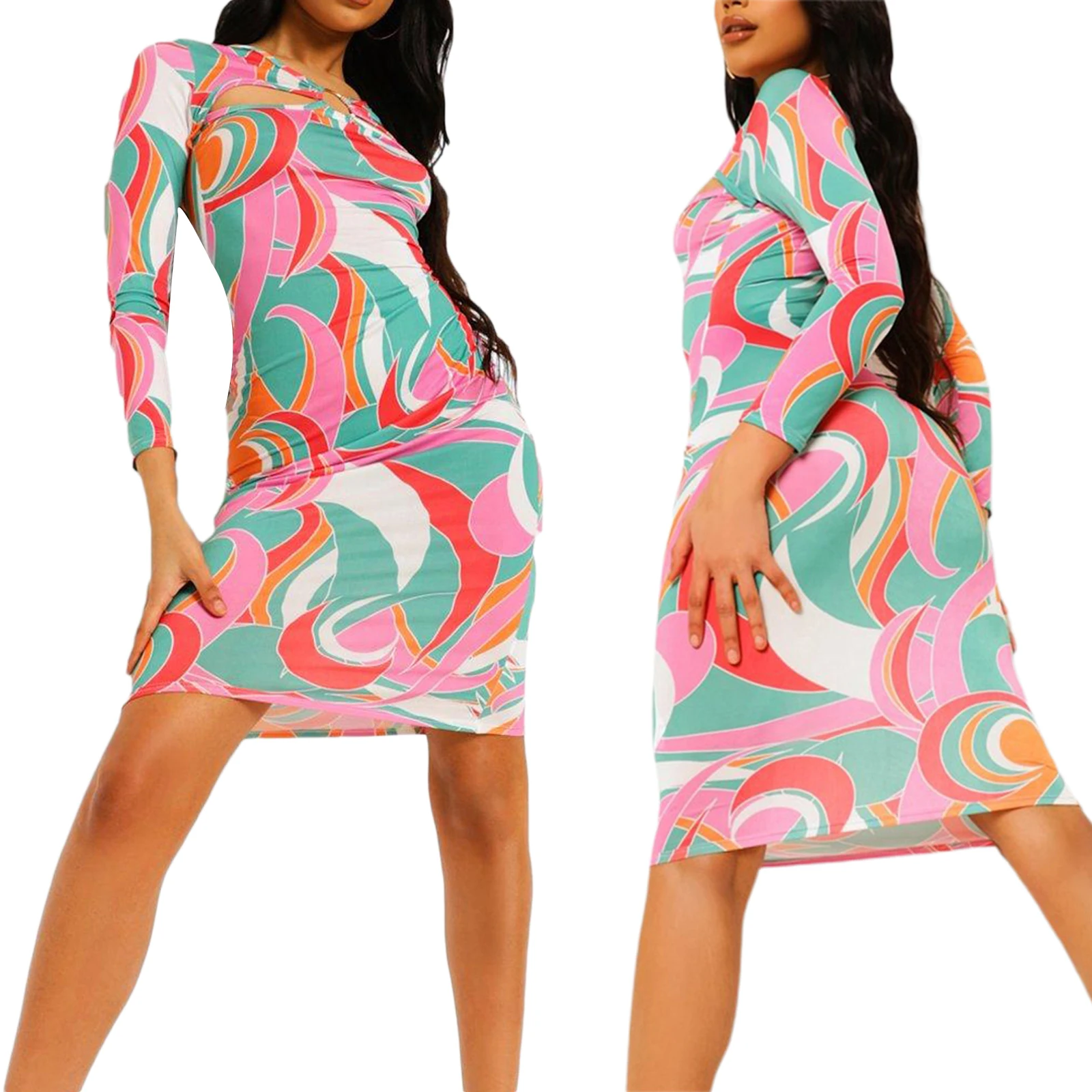 

Women Close-fitting Hollow Out Dress, Pink Irregular Printed Pattern Long Sleeve S/ M/ L/ XL 2021 New Fashion