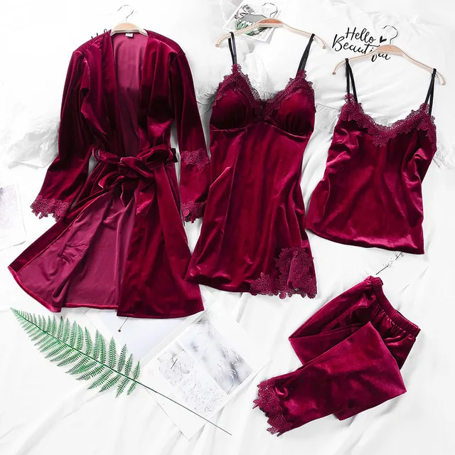 

Women Velvet Pajamas Set 4 Piece 2020 Autumn Winter Sexy Lace Long Lingerie Robe Sleep Wear Pants Sleepwear Pijamas Nightdress