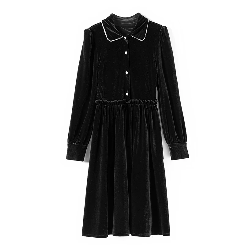 

M-3XL Women Vintage Velvet Dress Autumn 2020 Black Peter Pan Collar Long Sleeve High Waist A-Line Dresses