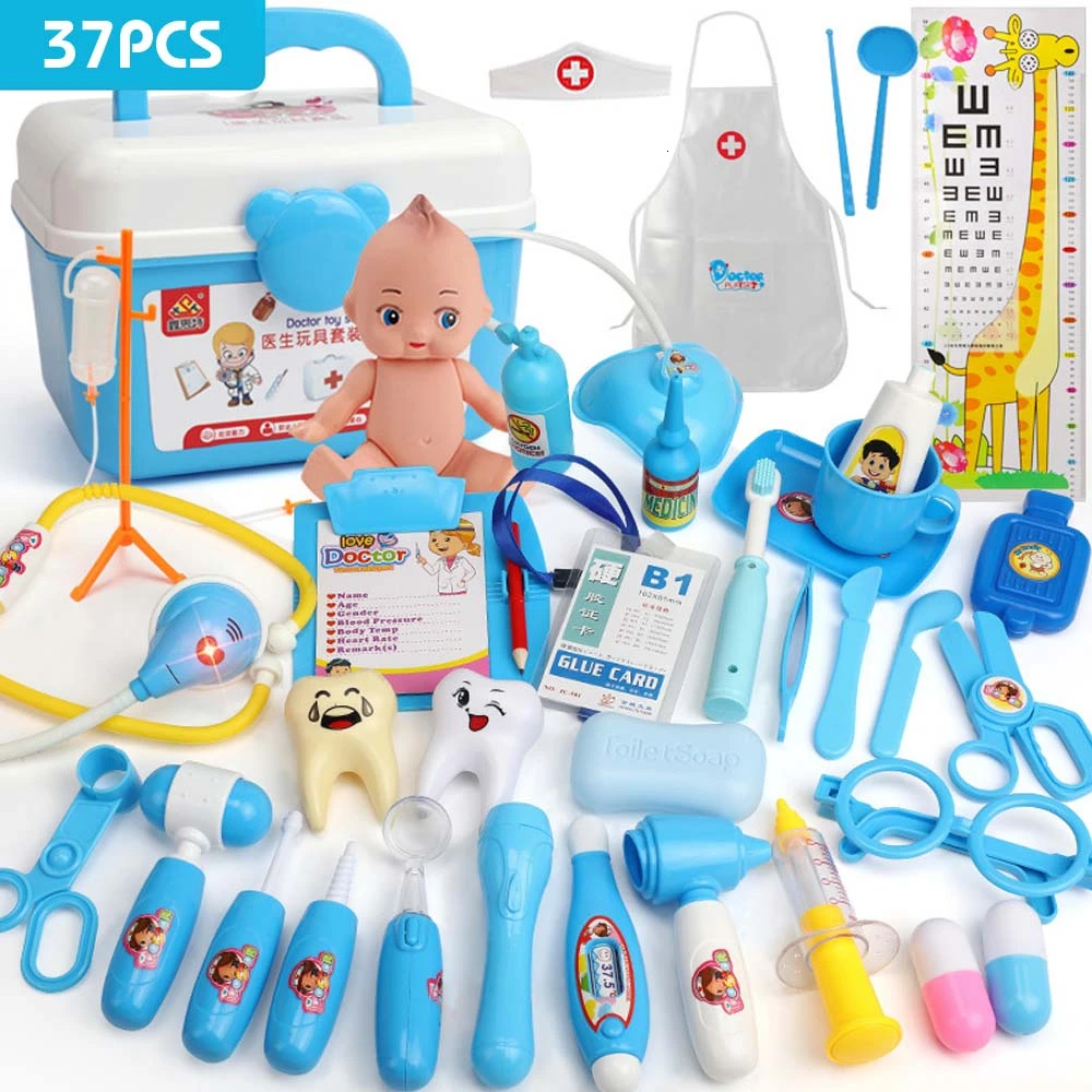 37PCS Blue 21-39 шт., детские игрушки для ролевых игр, набор для доктора, медицинский набор для моделирования с портативным чемоданом, игрушки для ролевых игр для девочек, инструмент для зубного врача - Цвет: 37PCS Blue