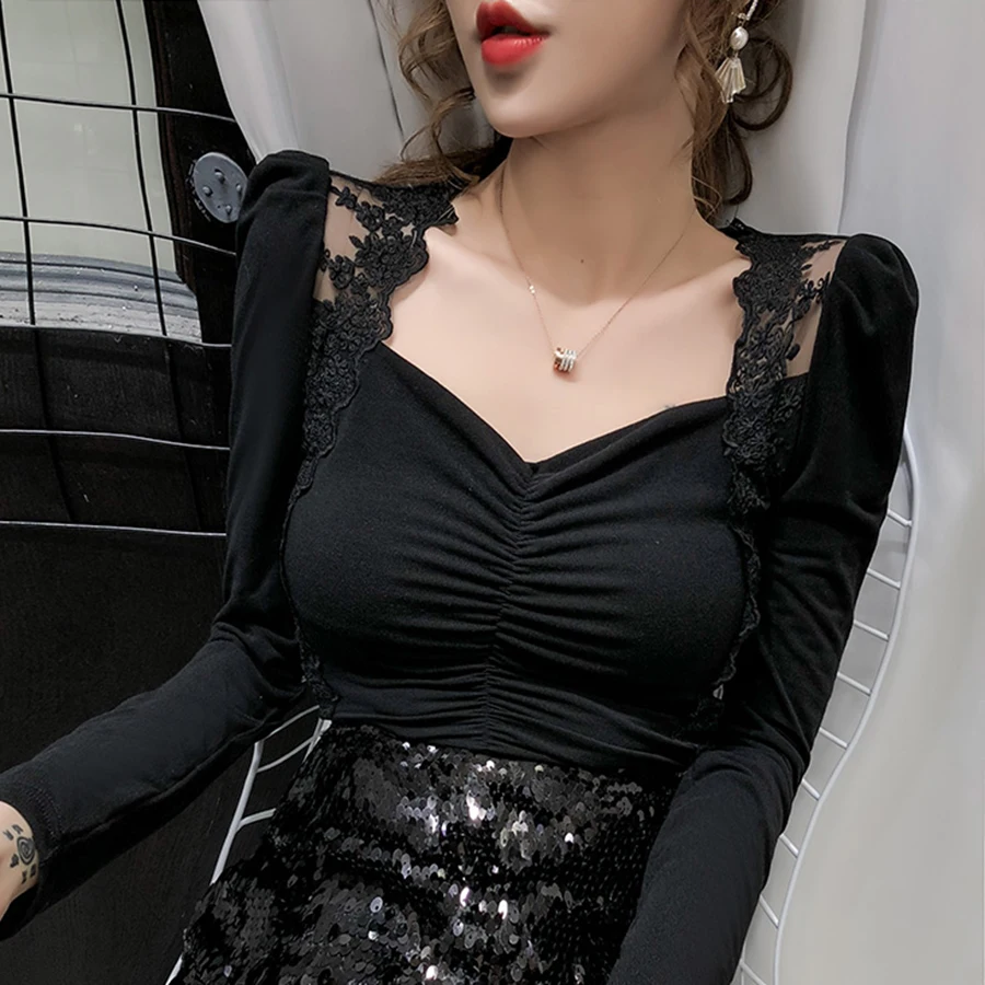 Женская блузка 2020 Весенняя Сексуальная кружевная с v-образным вырезом