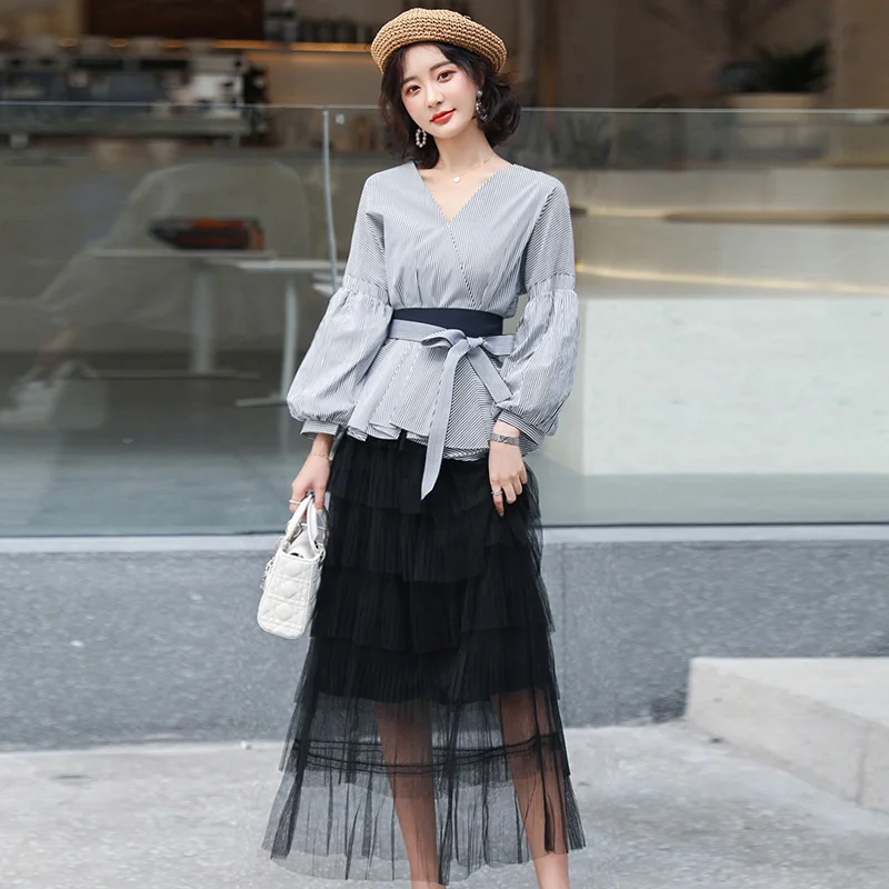 Блузка LUZUZI женская с рукавами фонариками элегантная офисная рубашка в полоску