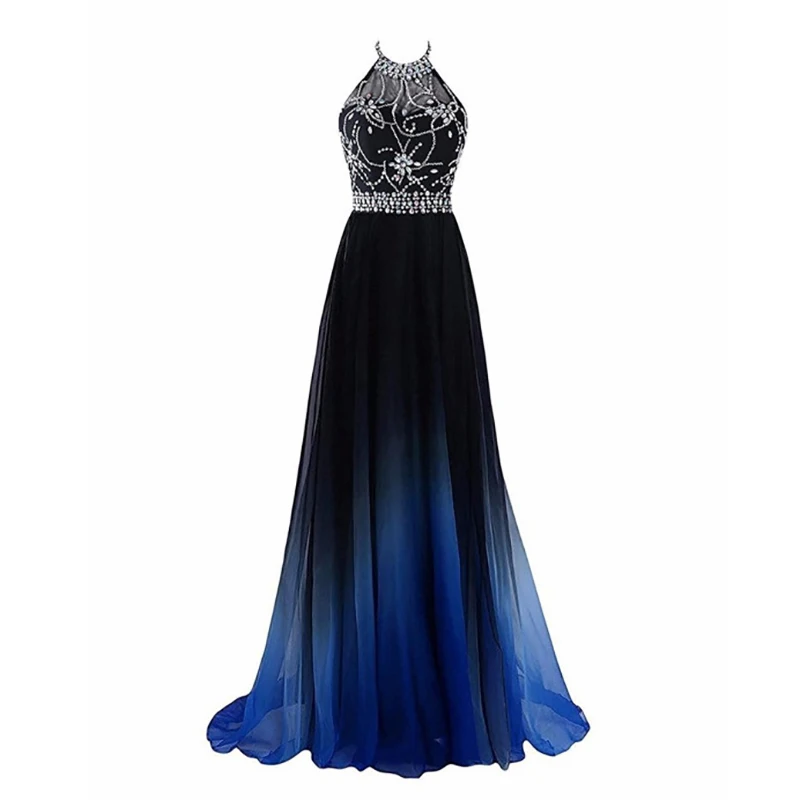 Цветное шифоновое платье для подружки невесты AnXin SH голубое без бретелек черного