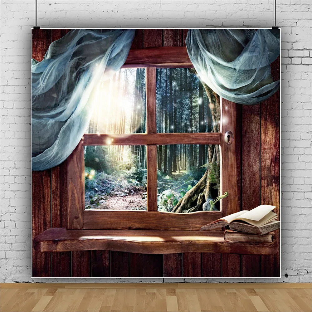 

Laeacco Window Sill Wood Board Forest Natural Scenic Photography Backdrop Sunshine Light Bokeh Photocall Background Photo Studio