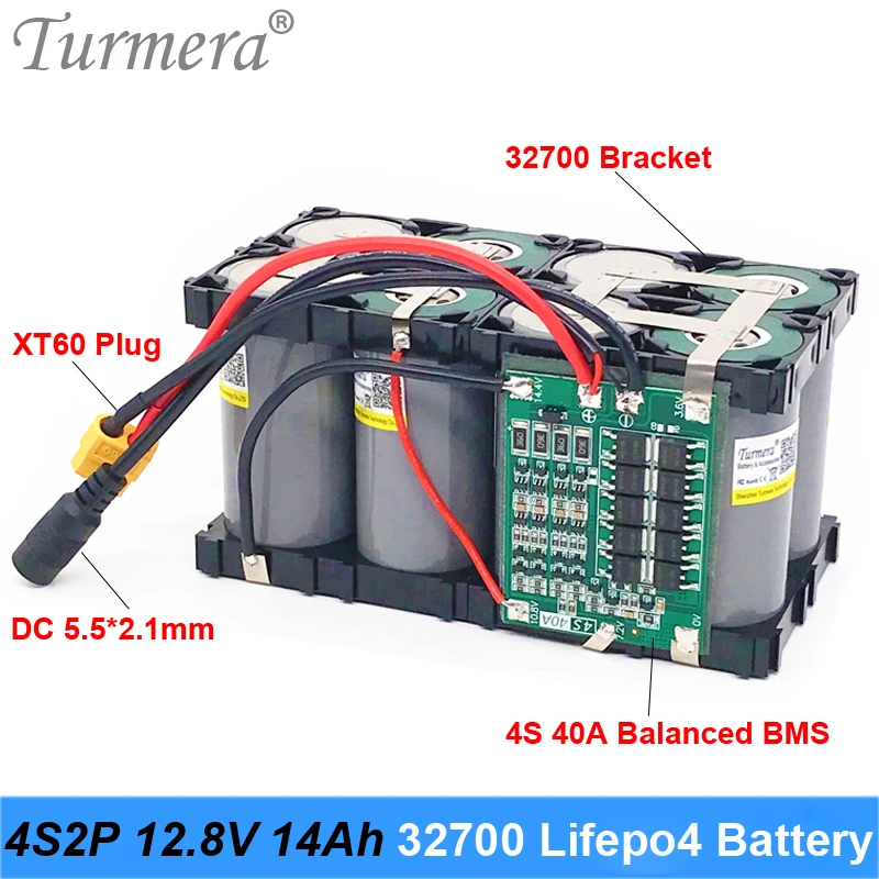 32700 Lifepo4 Battery Pack 4S2P 12.8V 14Ah with 4S 40A Balanced BMS for Electric Boat and Uninterrupted Power Supply 12V Turmera |