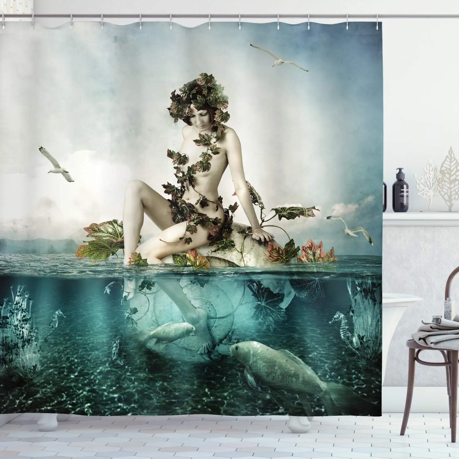 Занавеска для душа Русалка мифологическая Женщина Сидящая на раковине с