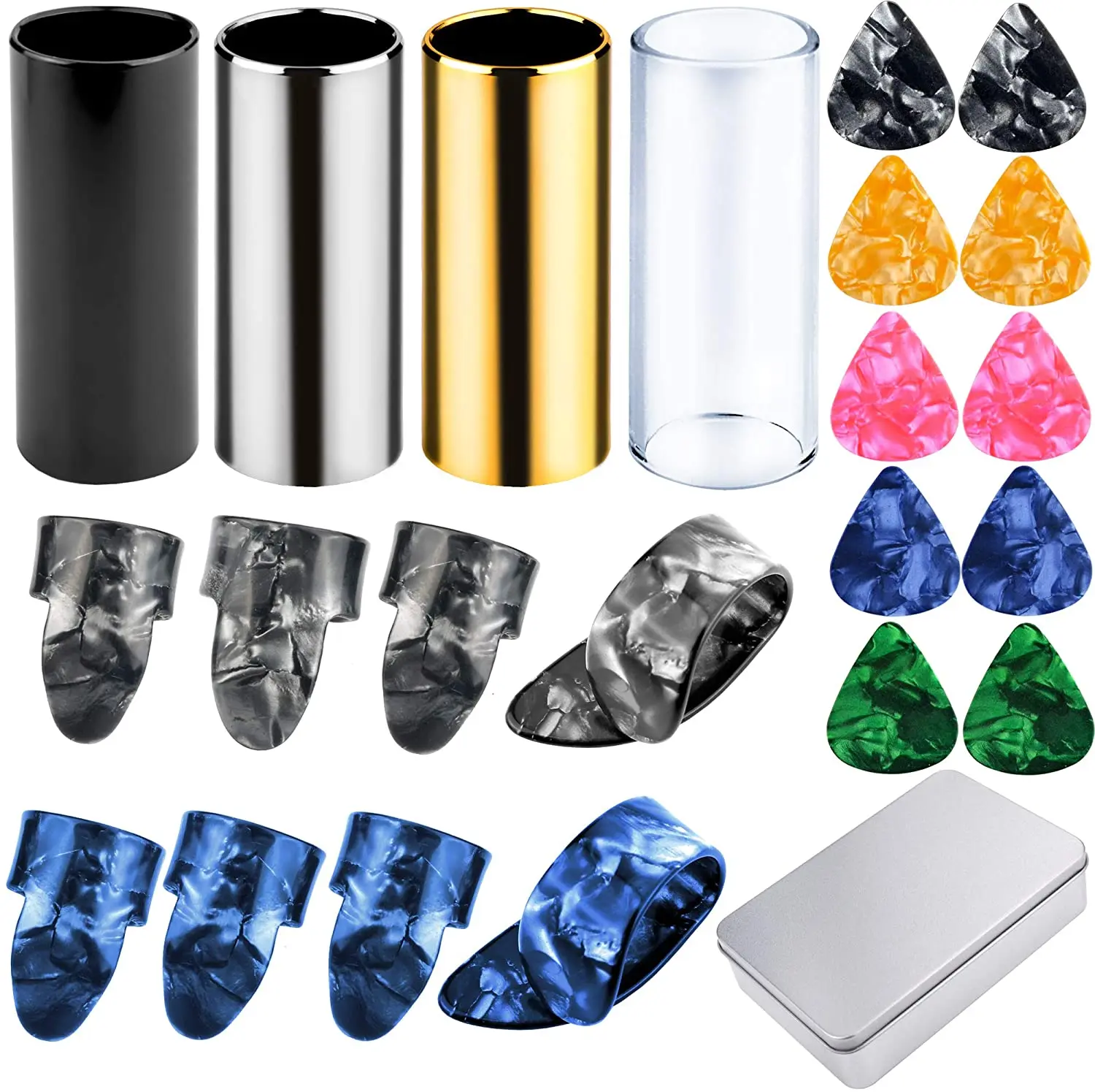

4 Pieces Medium Guitar Slides, 10 Pieces Guitar Picks and 8 Pieces Plastic Thumb & Finger Picks in Metal Box