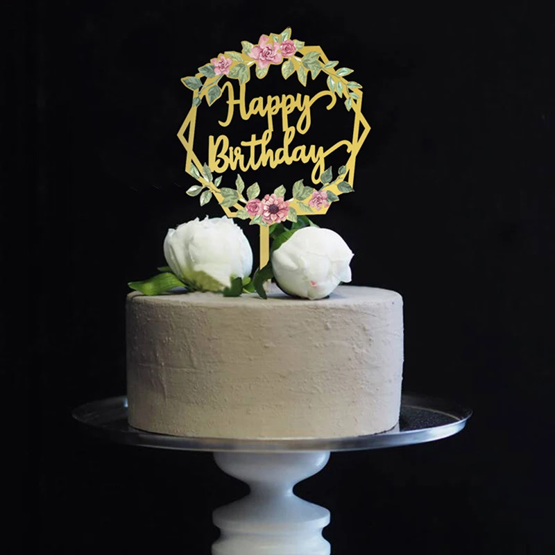 

Exquisite Colored flowers Happy Birthday Cake Topper Golden Acrylic Birthday Party Dessert Decor for Baby shower Baking supplies