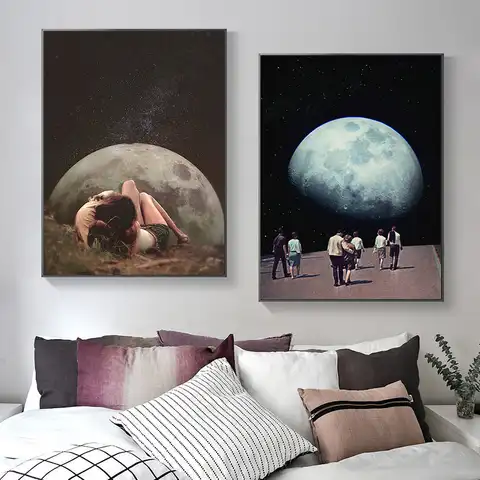 Ночное небо искусство земля пары Сюрреализм Галактика Космос Луна холст живопись плакаты и принты Настенная картина для гостиной