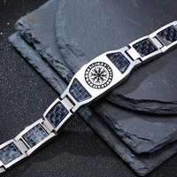 mens stainless steel bracelet with black blue carbide fiber inlay norse viking vegvisir compass amulet runes bangle