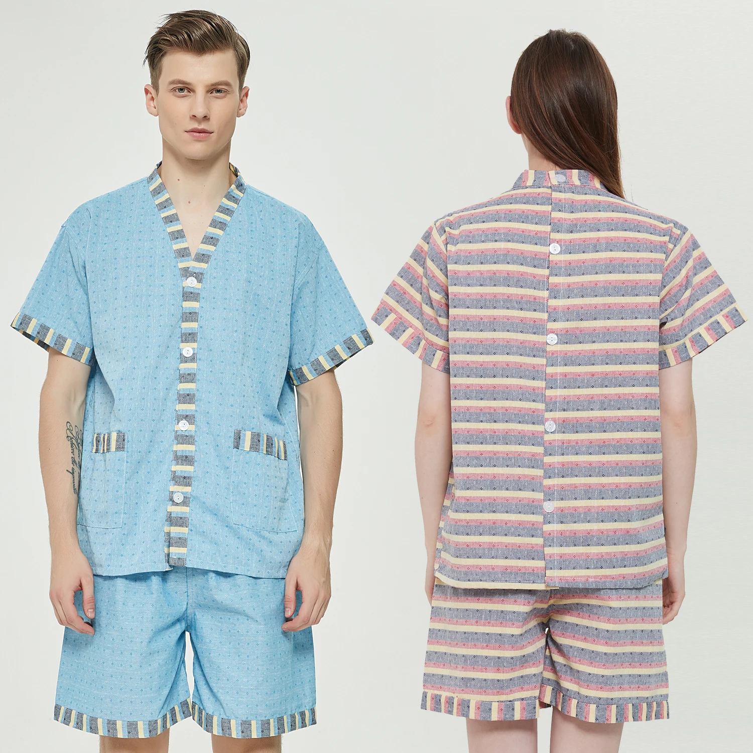 Pajamas Set Male Cotton Short-Sleeved Couples Lovers Men's Summer Spring Leisure Loose Clothing Summer Loose Men Sleepwear Tops