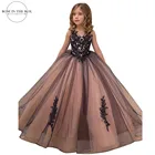 Элегантное Черное Кружевное Тюлевое платье с цветами для девочек 2022, бальное платье принцессы с V-образным вырезом и пуговицами сзади, платье принцессы, детское платье принцессы для девочек