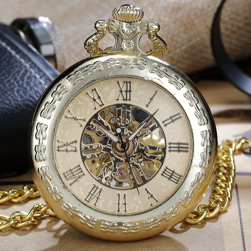 Роскошные золотые Механические карманные часы для мужчин и женщин с цепочкой