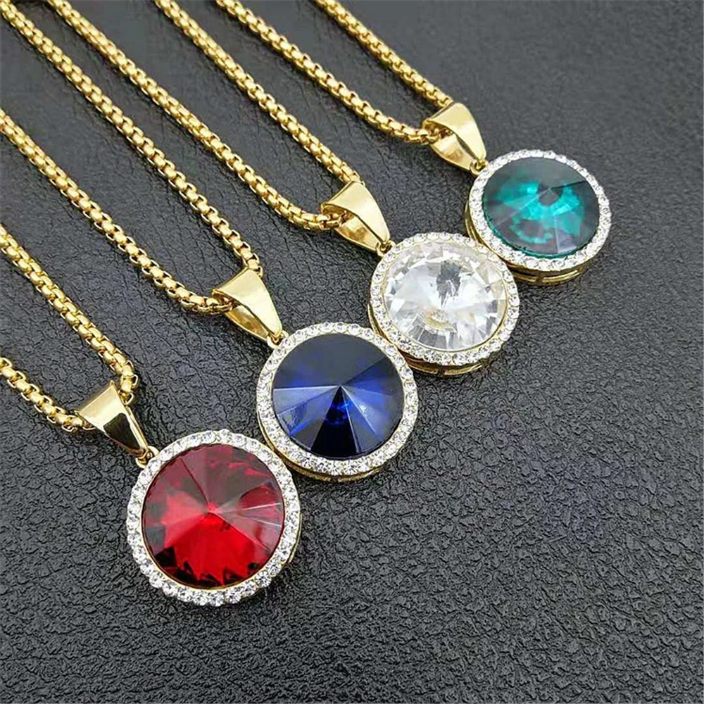 

Fashion Iced Out Round Pendant Chain Gold Color Stainless Steel Rhinestone Necklace For Women Men Hip Hop Jewelry Dropshipping