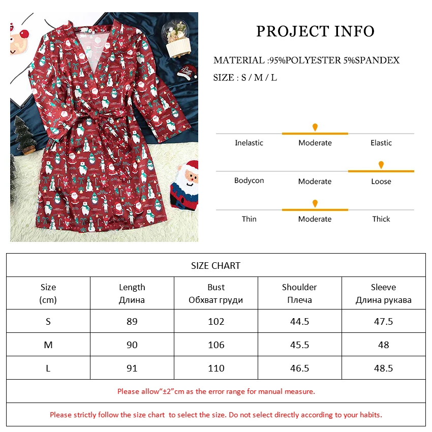 

Cartoon Christmas Pajamas Women Robes Sleepwear Satin Three Quarter Sleeve Woman Bathrobe For Home Robe Print Sexy Pajama