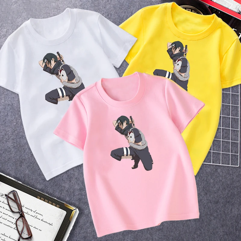 

Sasuke Uchiha Graphic Printed Cotton T-Shirt White Pink Yellow Red Black Round Neck Top 4 to 14 Years Old Boys and Girls