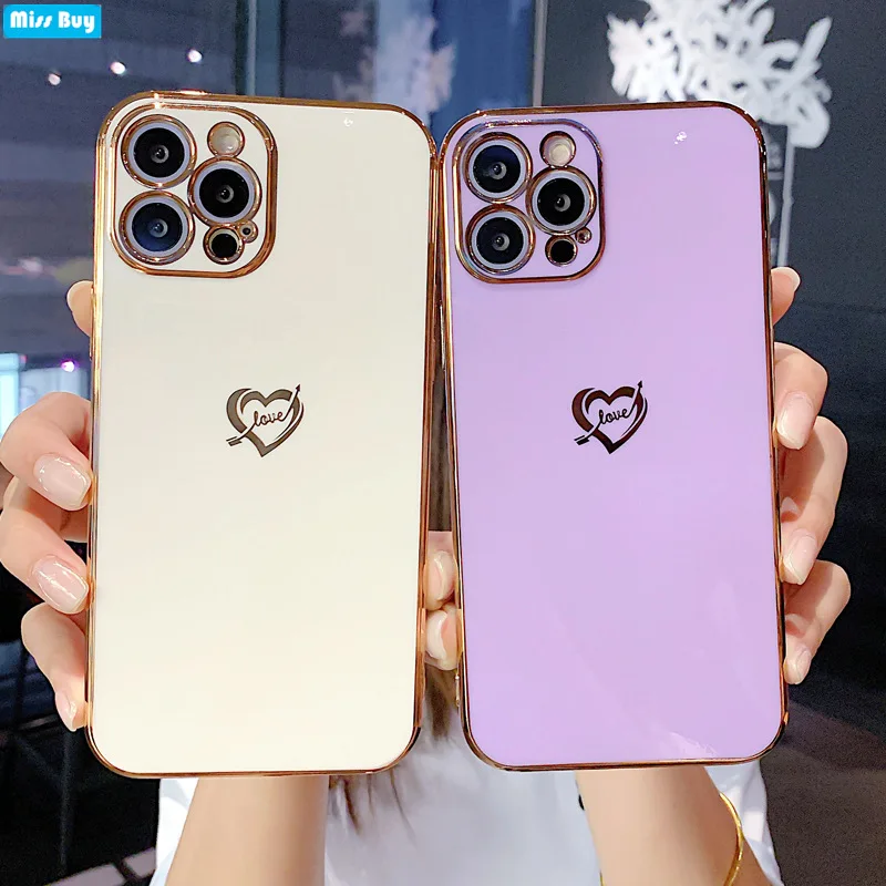 

Plating Love Heart Phone Cases For iPhone 13 12 11 Pro Max 12 mini 11 SE X XR XS MAX 7 8 Plus Cover Electroplate Shockproof Capa