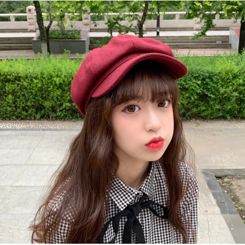 

British tweed hat Spring autumn winter Painter's Keep Warm Hat Casual Octagonal Cap British Retro Pu Women's Solidberet Cap
