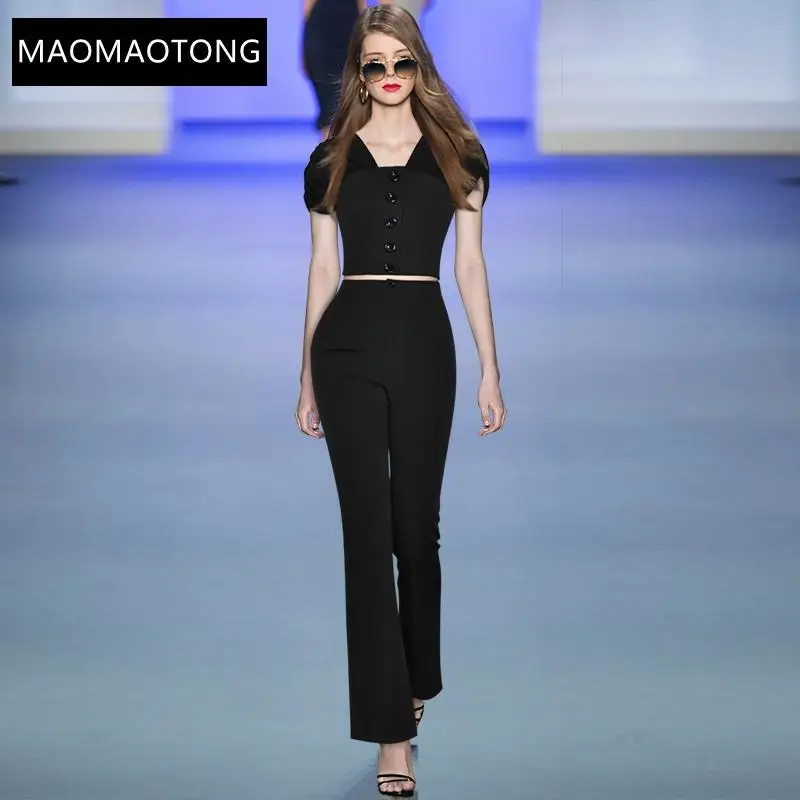 

Designer Summer Office Pant Suit Women's Short Sleeve Slim Tops And Black Long Pants 2 Two Pieces Set