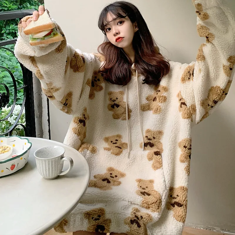 

Oversize Hooded Sweatshirt Autumn Lamb Wool Coats Bear Print Hoodies Jacket Winter Warm Pullover Streetwear Womens Kawaii Tops