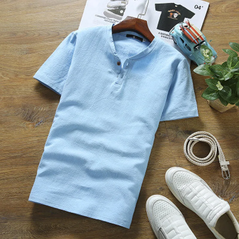One t-shirt 3 Китайский стиль, летний мужской льняной костюм Тан, футболка с короткими рукавами и v-образным вырезом+ шорты, комплект одежды, дышащие восточные костюмы - Цвет: One t-shirt 3