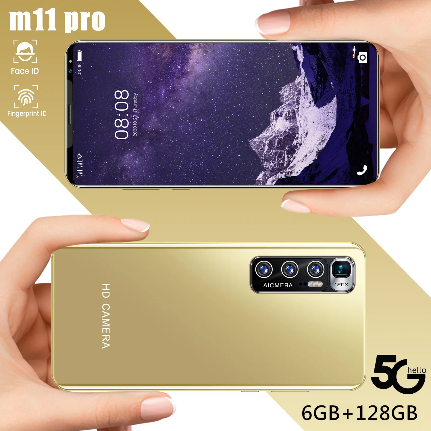 

M11 Pro 5.5 Inch 6GB+128GB 24+32MP Andriod10.1 5600mAh Dual SIM Cellphones Global MTK6889 2340*1080 Fingerprint ID Smart Phone