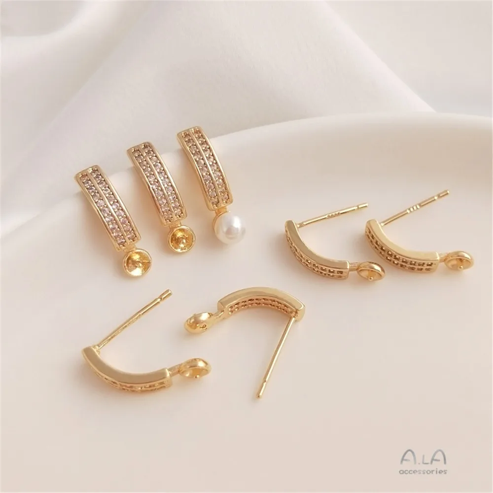 

14K Gold Filled Plated Curved double row zircon half hole pearl earrings S925 silver needle diy adhesive crystal pearl earrings