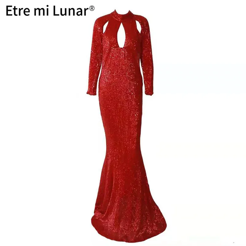

2021 Sexy Sliver Evening Dress 2020 High Neck Long Sleeve Mermaid Dressing Gowns Sequined Party Dress Vestidos de fiesta BLE4070