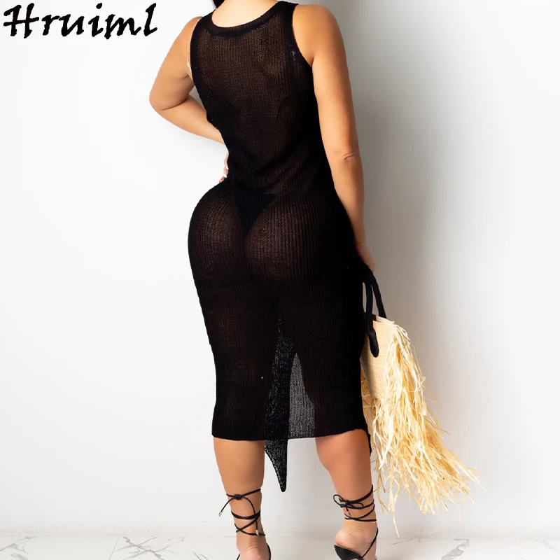 

Sweater Dress Women Summer Vestido Sexy Bodycon O Neck Sleeveless Hollow Irregular Black Bandage Dress Club Skinny Maxi Dress