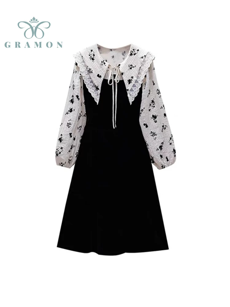 

Fake Two Pieces Velvet Vintage Dresses Woman Floral Patchwork Long Sleeve Plus Size Lace Up A-line Vestidos Ladies Spring Autumn