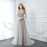 yqlnne 2021 luxury crystals beaded evening dresses long o neck silver tulle with shawl sleeve elegant formal gowns