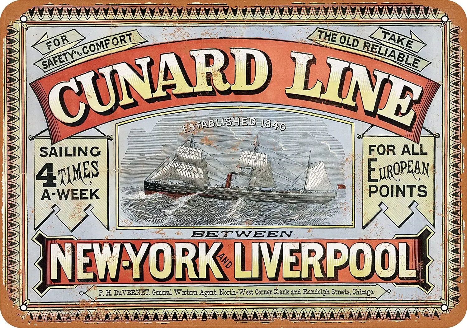

WallColor 8*12 Metal Sign 875 Cunard Line New York Liverpool Vintage Look