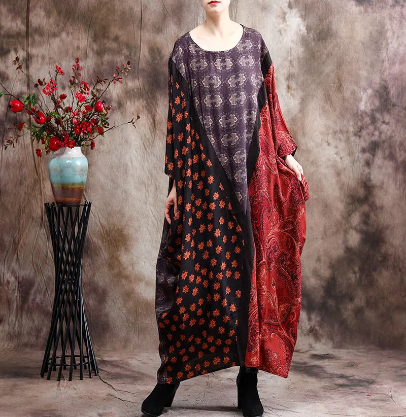 

SuperAen 2021 Spring New Original Design Patchwork Batwing Sleeve Printed Plus Size O-Neck Ankle-Length Woman Dress