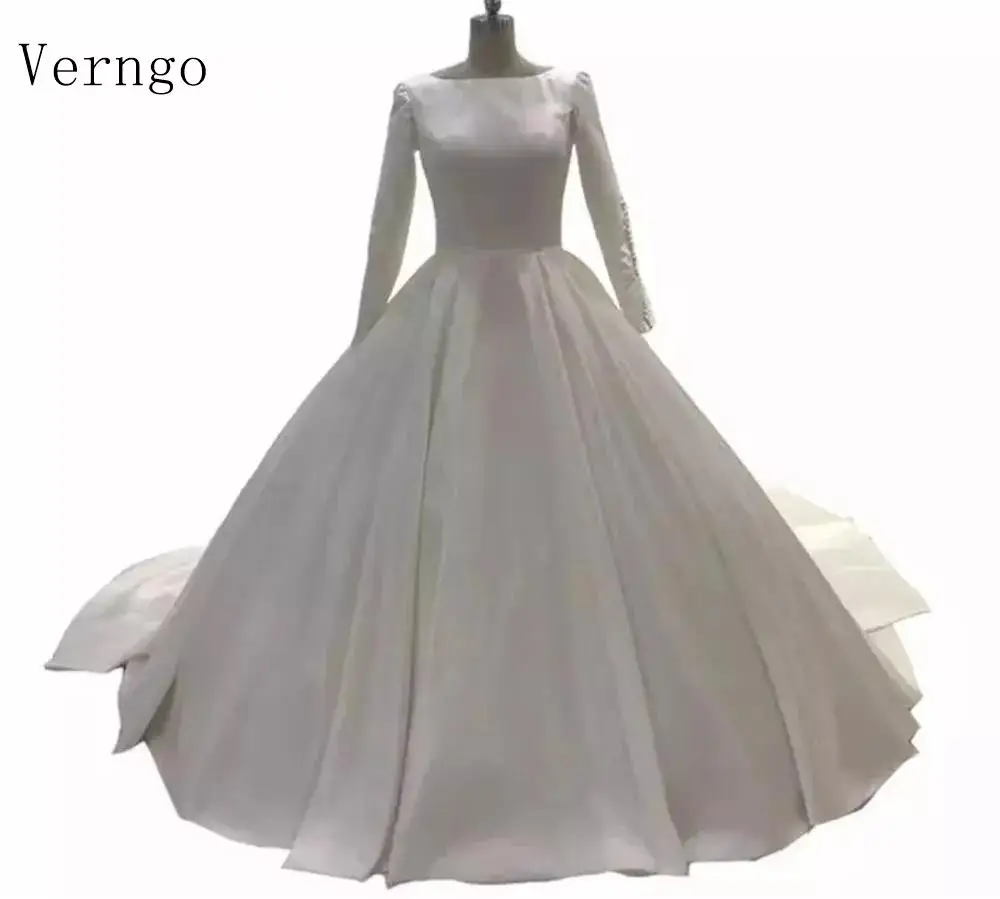 

Verngo High Quality Satin Wedding Dress Long Sleeves Scoop Neck A Line Bride Gowns Plus Size Vintage Simple Vestido de noiva