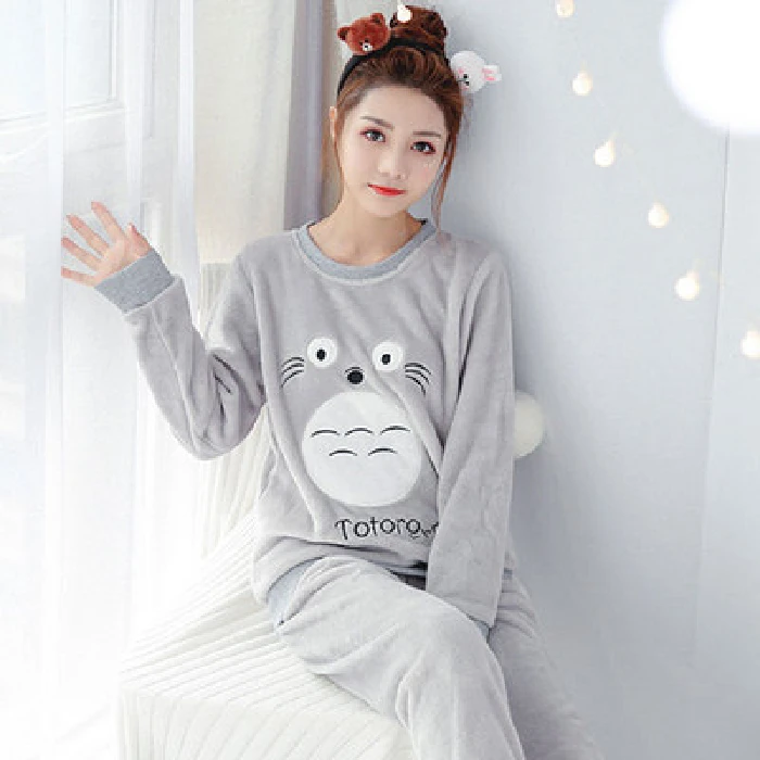 

Dormxion Autumn Winter Women Pyjamas Sets pajamas Sleepwear Suit Thick Warm Coral Flannel nightgown Female Cartoon Animal