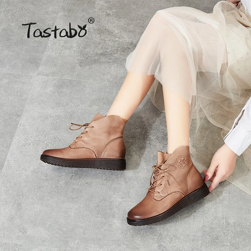 

Tastabo Genuine Leather Women's nude boots Vintage style Women's boots Sand Black SD1972-1 Comfortable soft bottom Women's shoes