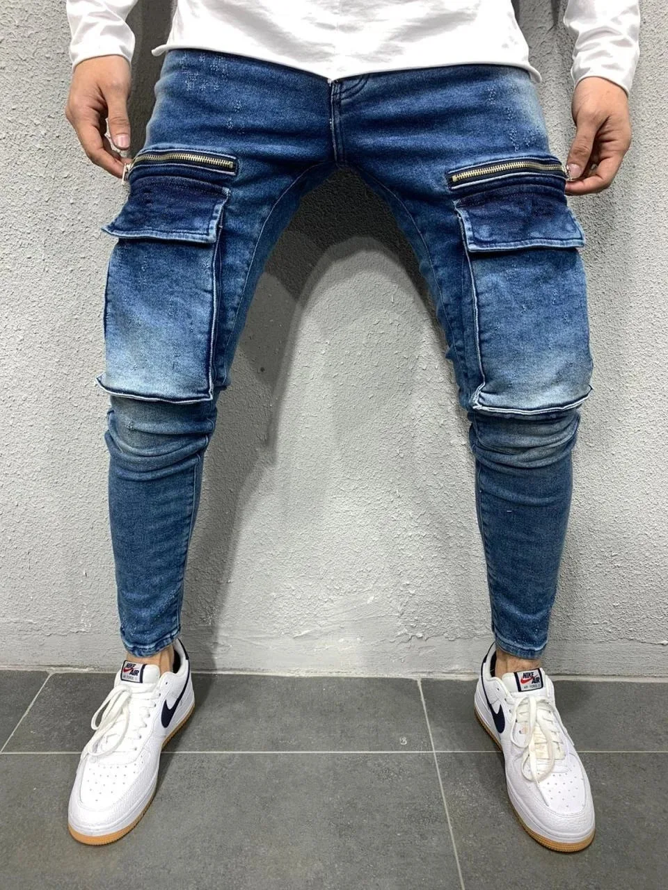 

2020 Hot Style Men's Denim Fabric Casual Sports Pants Zipper Big Pocket Hip Hop Jeans Men Thigh Pocket Design Black Punk Clothes