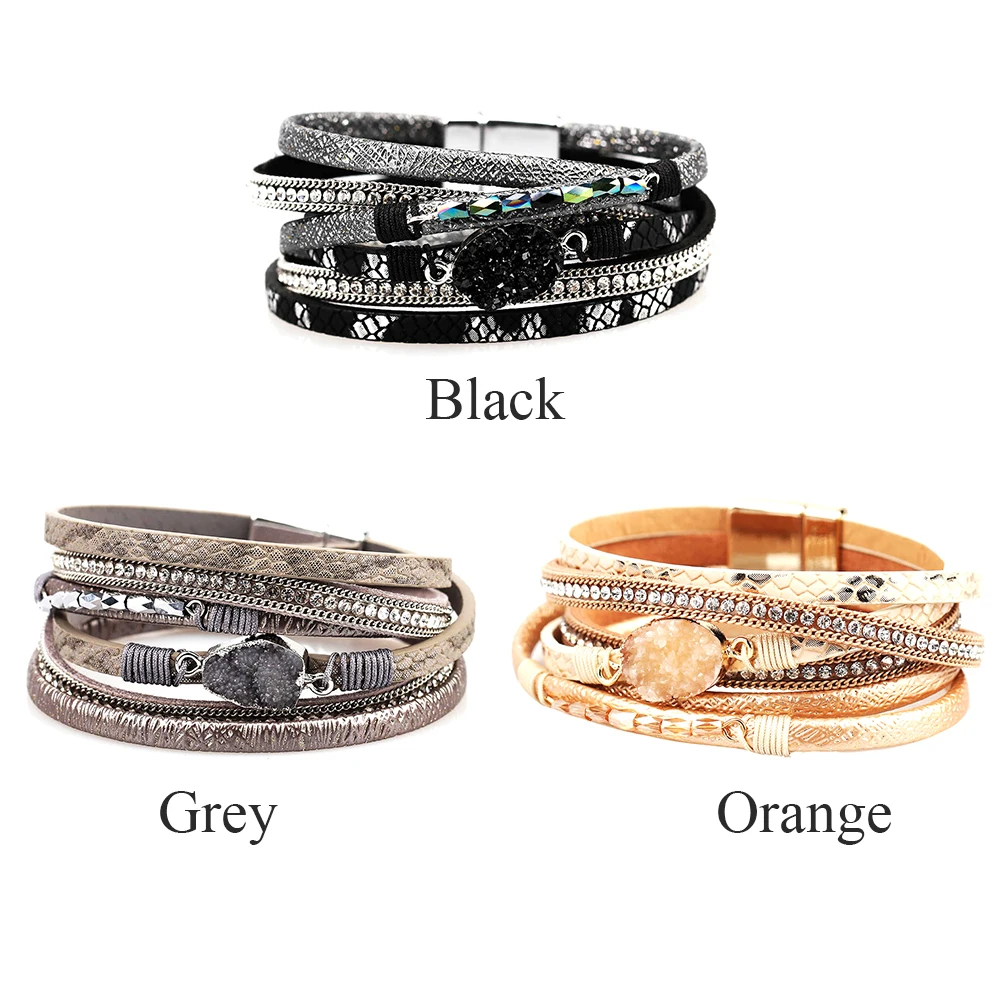 Камень подарок уникальный браслет несколько слоев PU кожаный женский