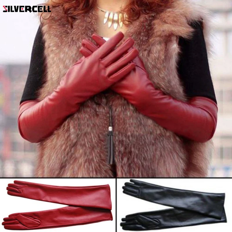 Women PU Faux Leather Elbow Gloves Winter Long Gloves Warm Lined Finger Gloves M-XL