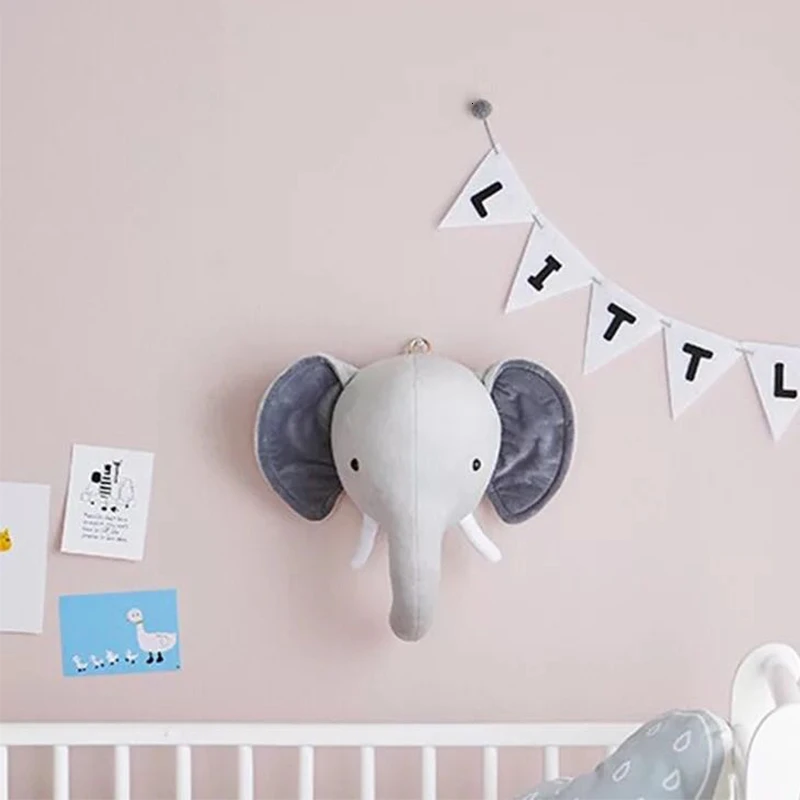 

Cute Animals Elephant Head Stuffed Plush Doll Kids Girls Bedroom Wall Hanging Decoration Artwork Toys Nordic Style Photo Props