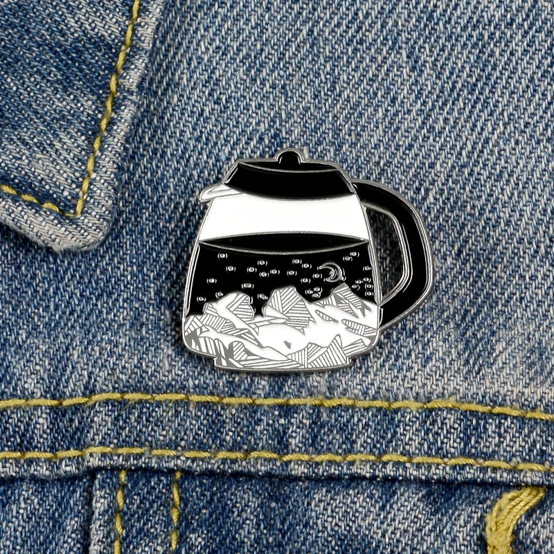 

Kettle shape Pins Night Starry sky Mountain Enamel Metal Pins Daily Brooches Badges Lapel Clothes Pins Women Jewelry Gifts