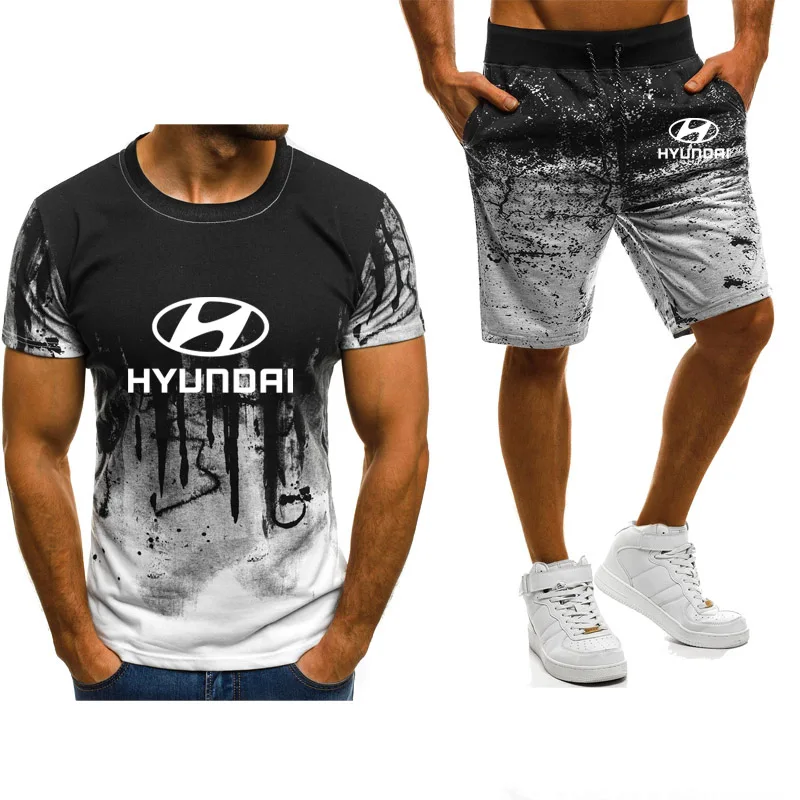 

New Summer Mens T-Shirt Modern car logo Printed Fashion Cotton Short Sleeve Gradient casual Men's T-shirt+shorts suit 2pcs